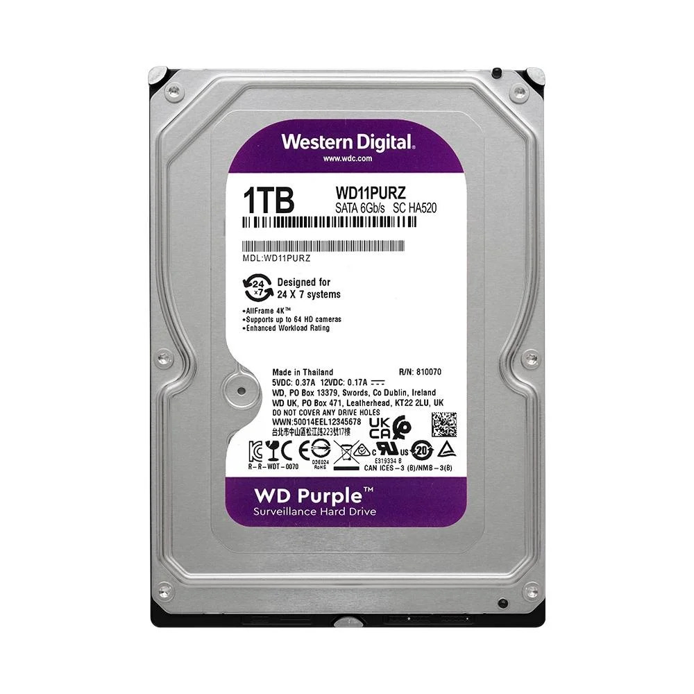 HD interno Western Digital WD Purple 1 TB, modelo WD11PURZ, vista superior com etiqueta.