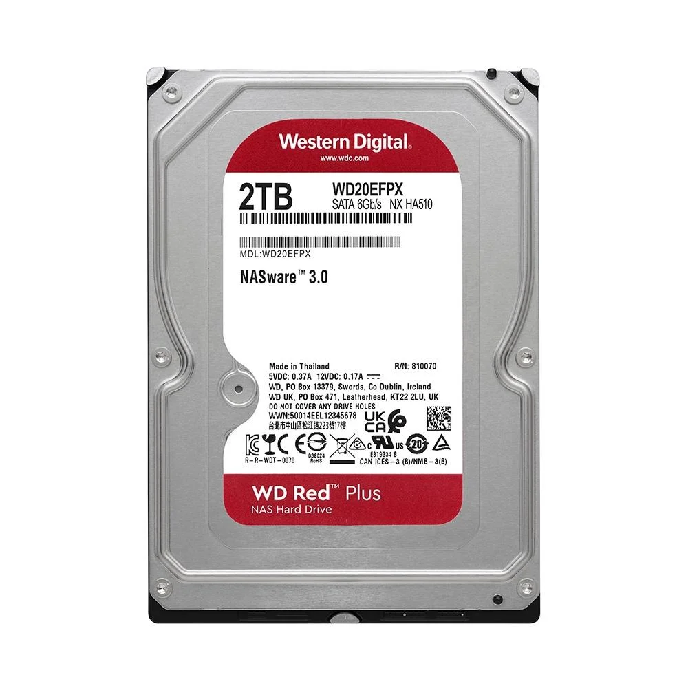 HD interno Western Digital WD Red Plus 2 TB, modelo WD20EFPX, vista superior com etiqueta.
